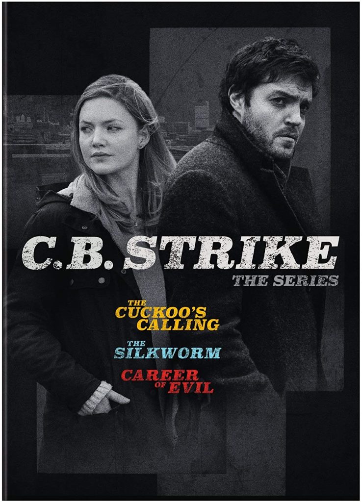 Plakat for TV-serien C.B. Strike, med to hovedkarakterer i fokus, omkranset av titlene 'The Cuckoo's Calling', 'The Silkworm' og 'Career of Evil'.