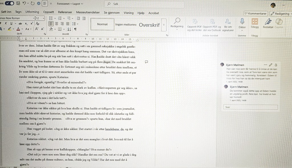 Tekstpassasje med plutselig ide skrevet inn  kommentaren